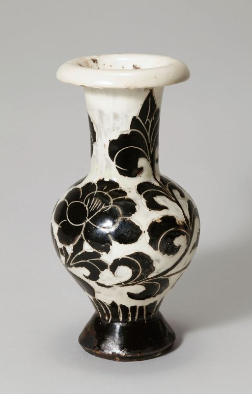 VASE WITH PEONY DESIGN CARVED THROUGH BLACK SLIP TO WHITE SLIPPED BODY